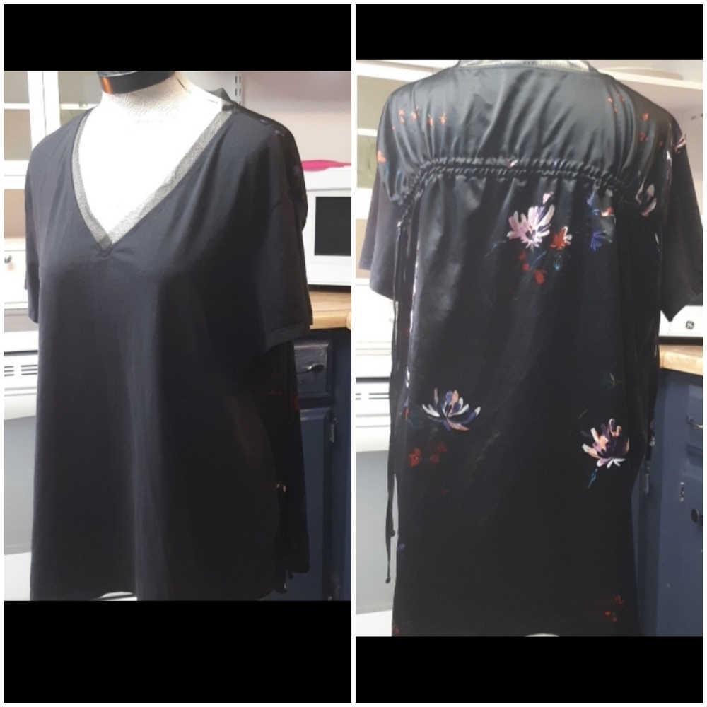 Womens Blouse Plus sz 1x Black Blouse Flowers AVA VIV Detailed Back Short Sleeve